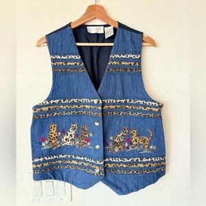 Casual Corner Cat Embroidered Denim Vest